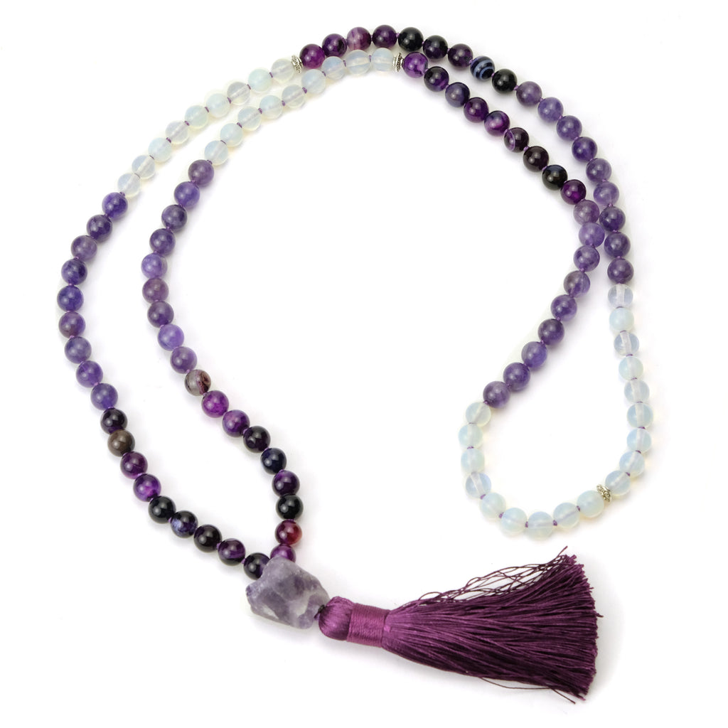 Amethyst, Fluorite and Opalite 8mm Knotted Mala with Silk Tassel #98