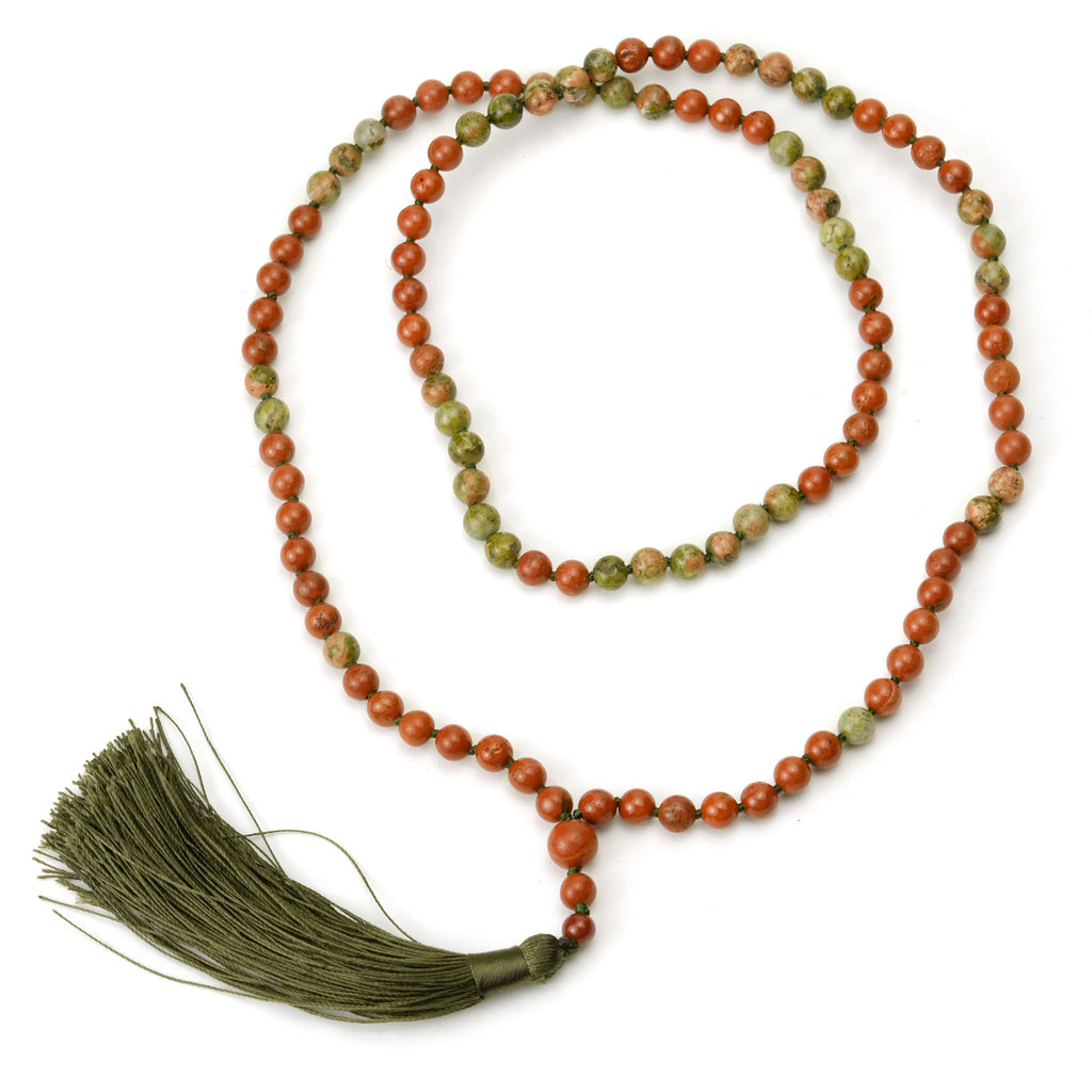 Red Jasper and Unakite 6mm Knotted Mala with Silk Tassel #96