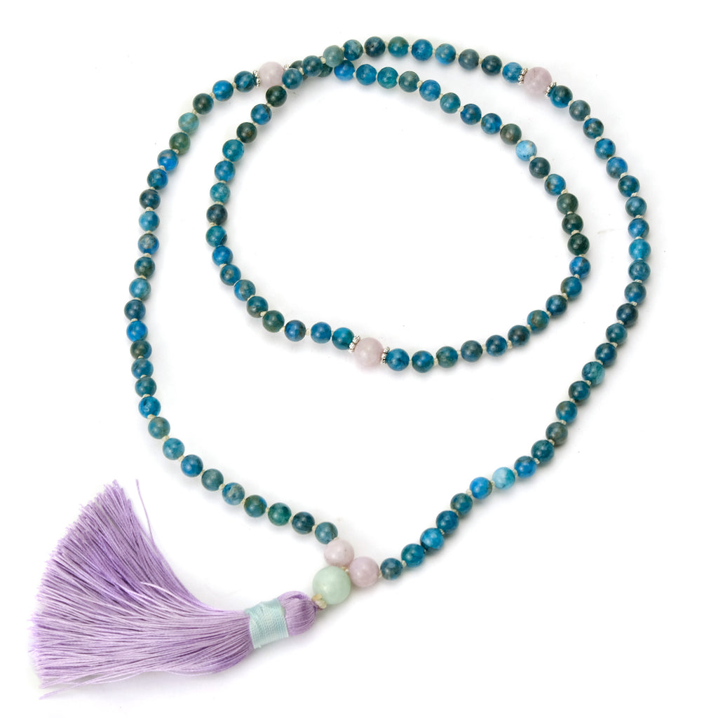 Apatite and Morganite 6mm Knotted Mala with Silk Tassel #99