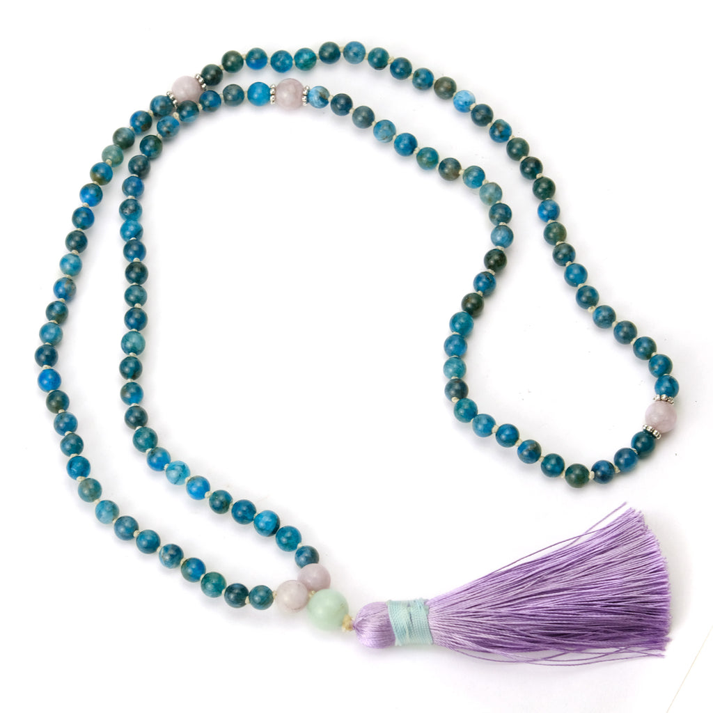 Apatite and Morganite 6mm Knotted Mala with Silk Tassel #99