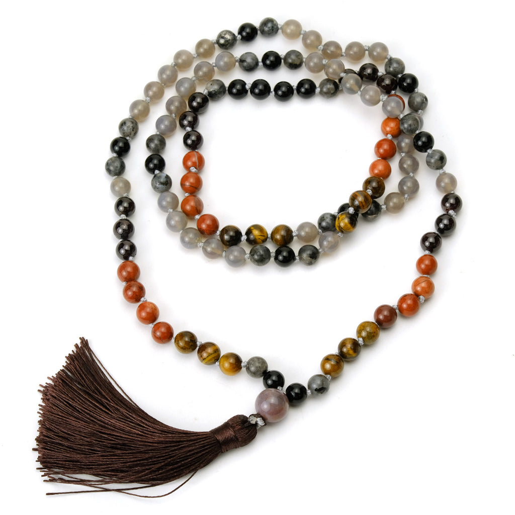 Grey Chalcedony, Tiger's Eye and Jasper 8mm Knotted Mala with Silk Tassel #104