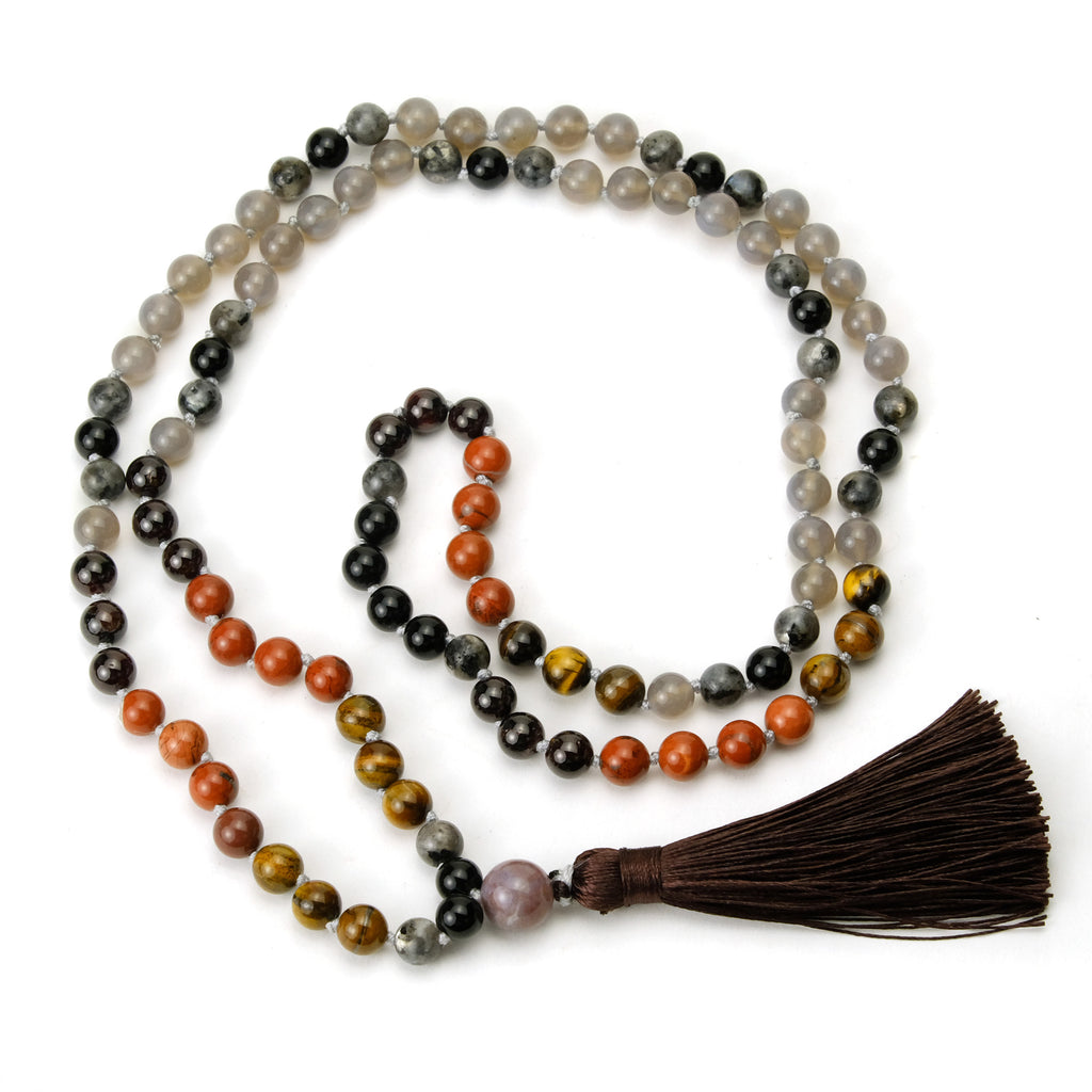 Grey Chalcedony, Tiger's Eye and Jasper 8mm Knotted Mala with Silk Tassel #104