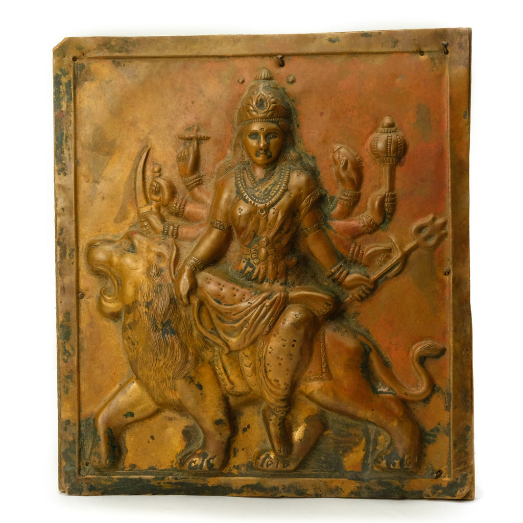 Goddess Durga Ambe Sherawali Mata on Lion Antique Old Copper Hindu Plaque #5