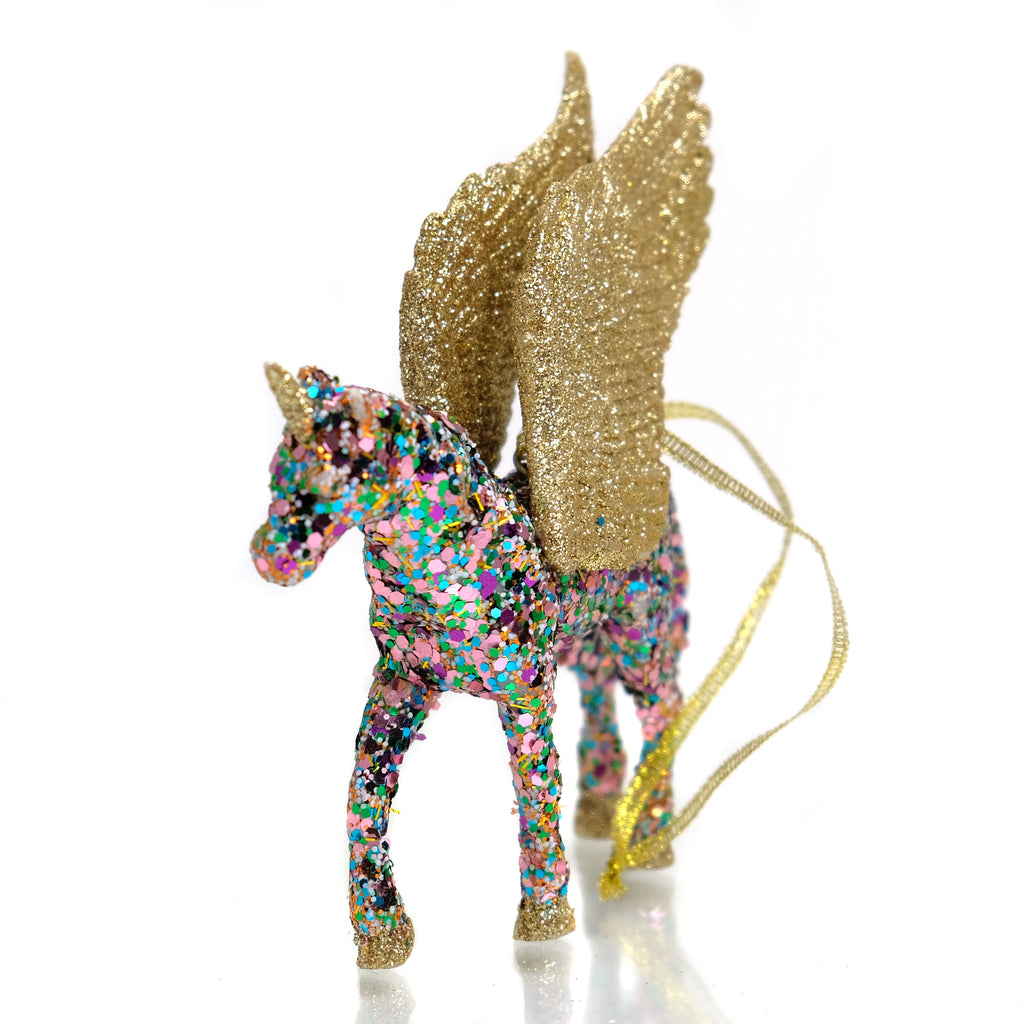 Pixelated Unicorn with Gold Wings Ornament