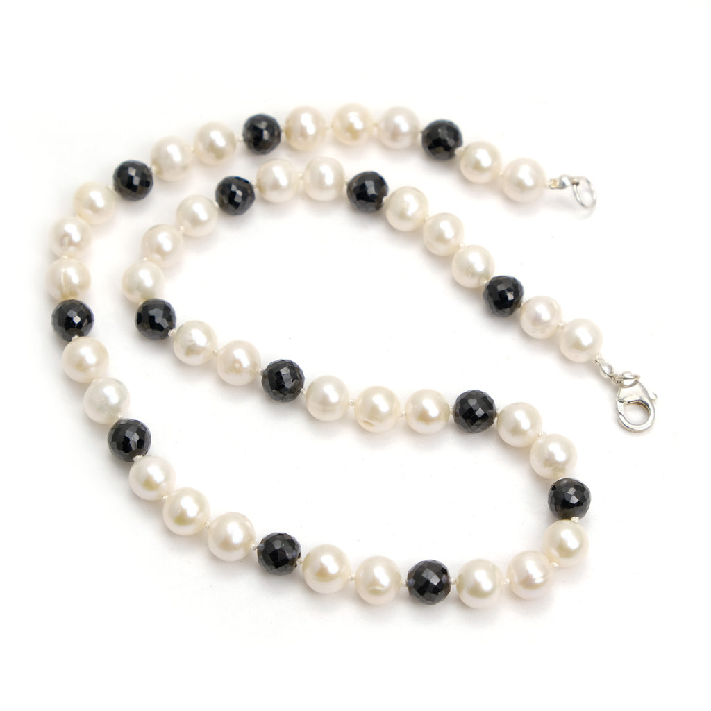 Fresh Water Pearl with Black Spinel Knotted Necklace with Sterling Silver Trigger Clasp