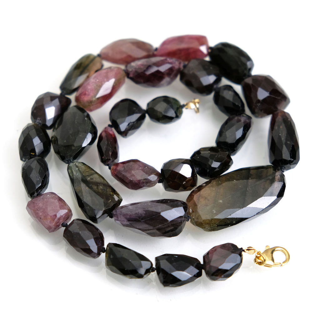 Multicolor Faceted Tourmaline Nuggets Knotted Necklace with Gold Filled Trigger Clasp
