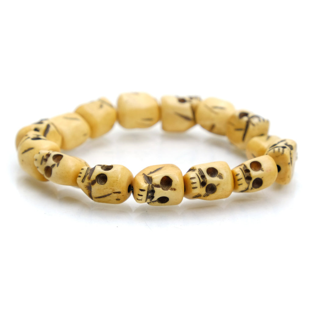 Skull Beads in Hand Carved Cow Bone Stretch Bracelet