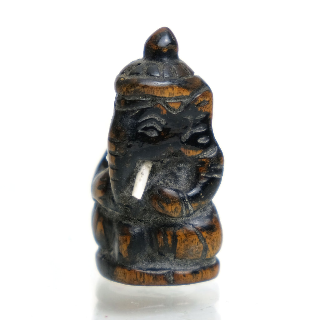 Ganesha Hand Carved Teak Wood Amulet with Shell Tusks