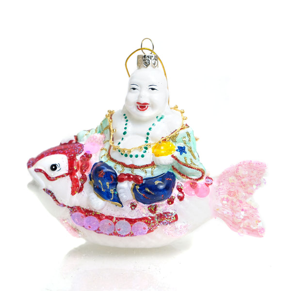 Lucky Fat Buddha Abundance Fish Glass Ornament