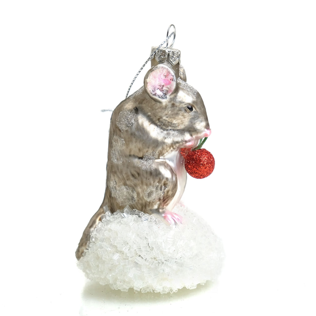 Mouse with Berry Glass Ornament