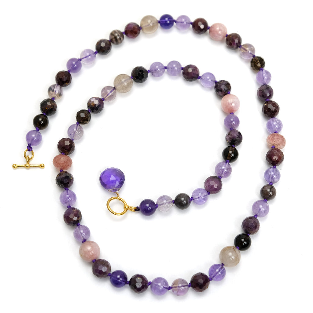 Amethyst + Ruby Knotted Necklace 8 to 10mm
