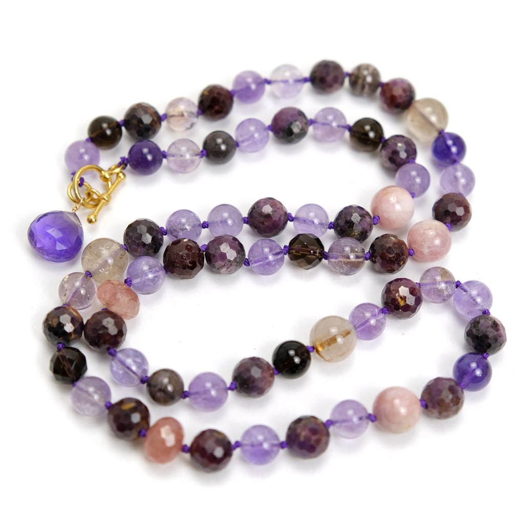 Amethyst + Ruby Knotted Necklace 8 to 10mm