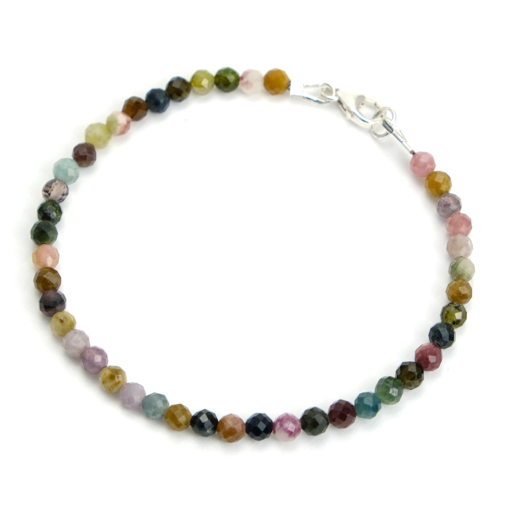 Multi Colored Tourmaline 4mm Faceted Round Bracelet with Sterling Silver Lobster Clasp