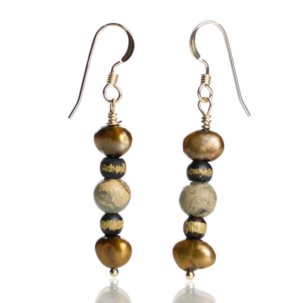 Fresh Water Pearl and African Opal Earrings with Gold Color Base Metal French Ear Wire