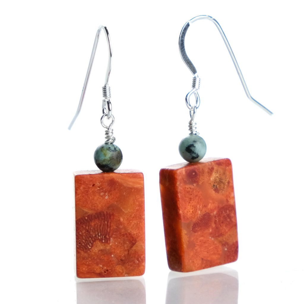 Coral and Turquoise Earrings with Sterling Silver French Ear Wires