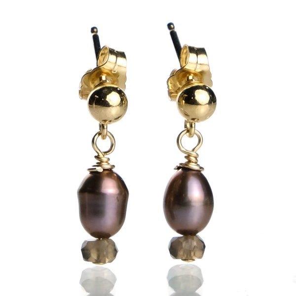 Fresh Water Pearl and Smokey Quartz with Gold Plated Ball Post Earrings