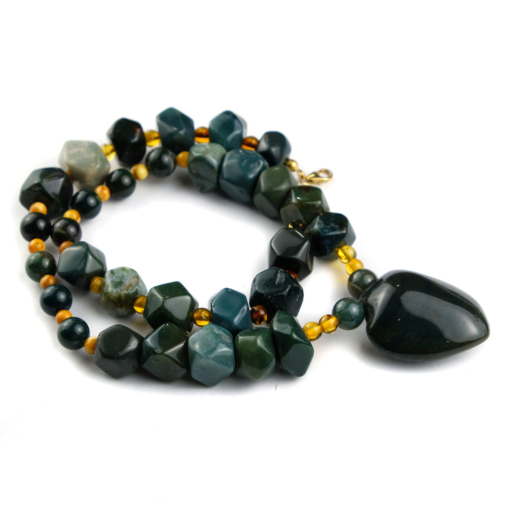 Bloodstone + Amber Necklace with Gold Filled Trigger Clasp
