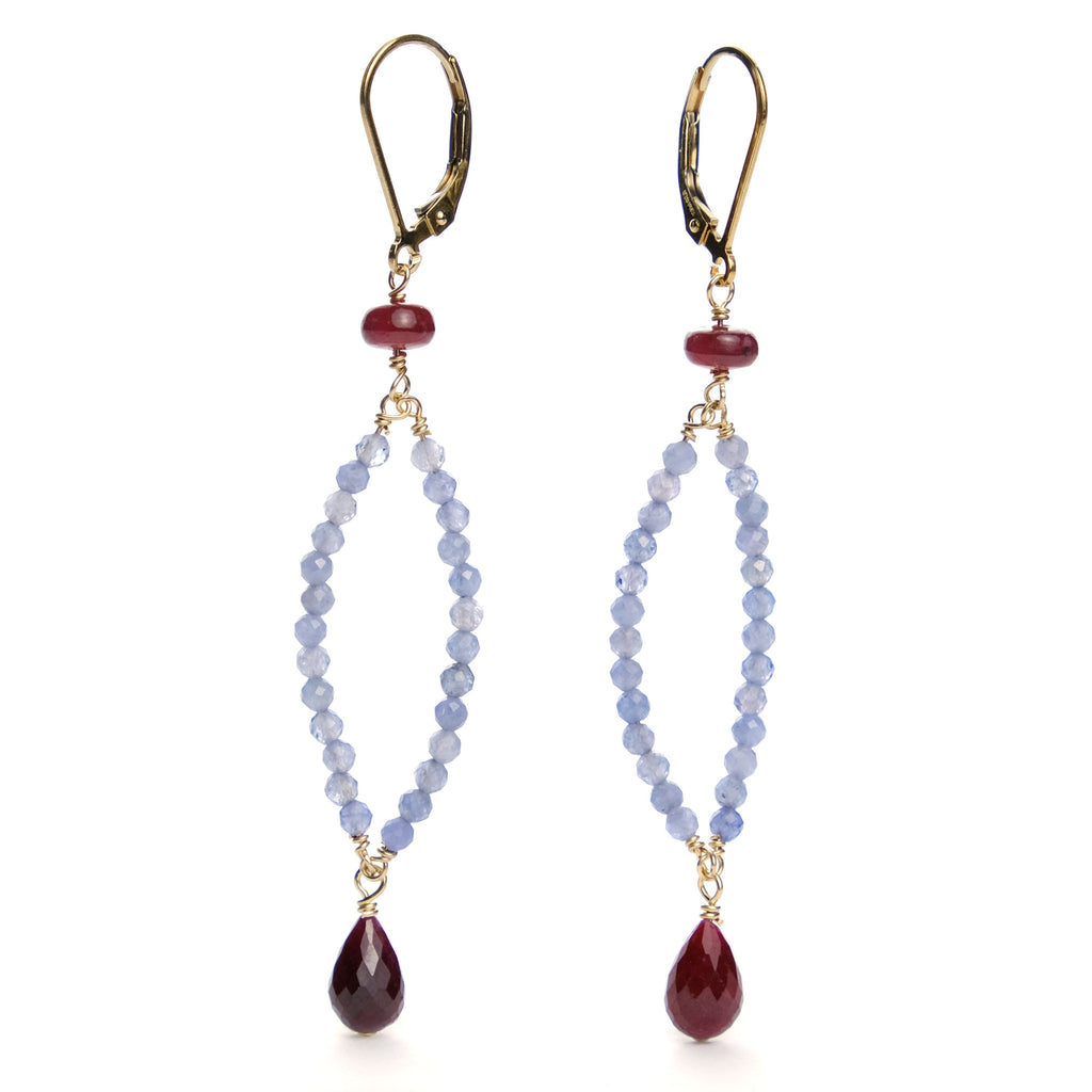 Tanzanite + Ruby Earrings with Gold Plated Latch Back