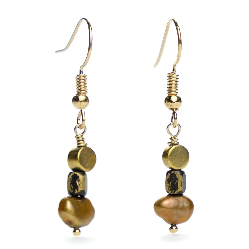 Fresh Water Pearl and Metal Bead Earrings with Gold Color Base Metal French Ear Wire