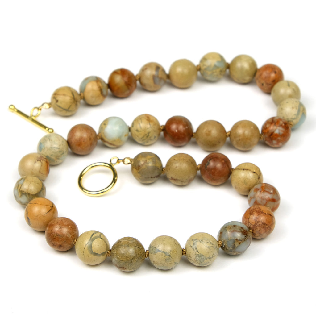 African Opal Knotted Necklace with Gold Plated Toggle Clasp