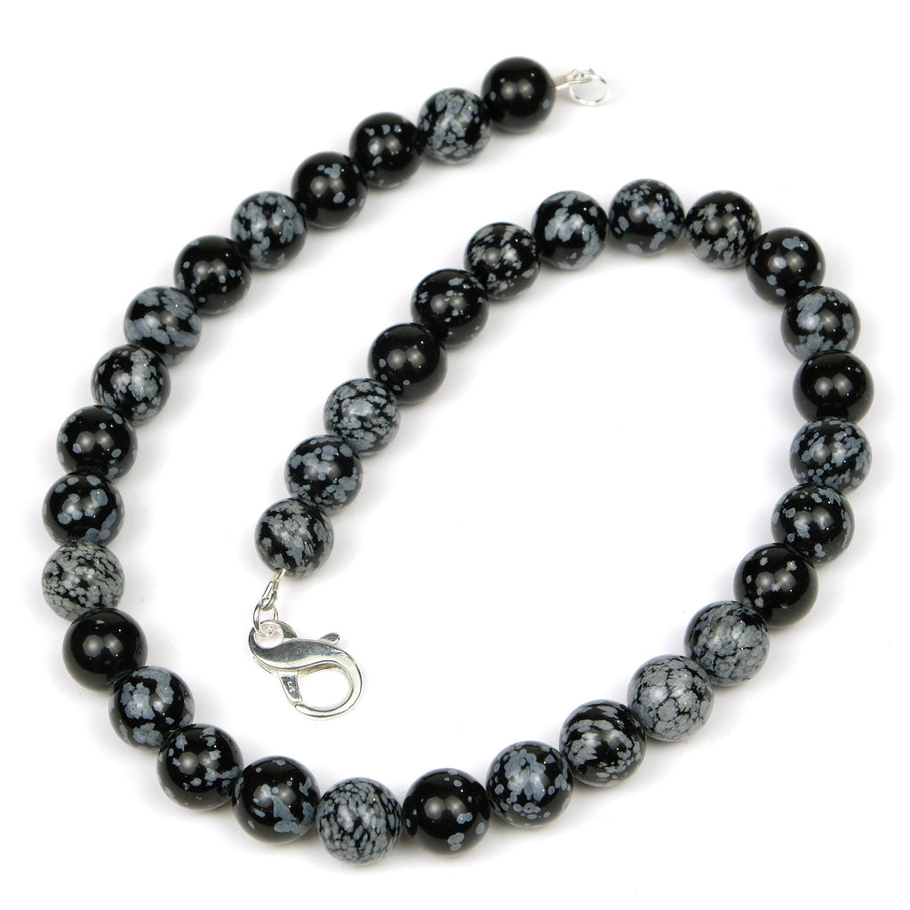 Snowflake Obsidian 12mm Smooth Rounds Necklace with Sterling Silver Fancy Lobster Clasp