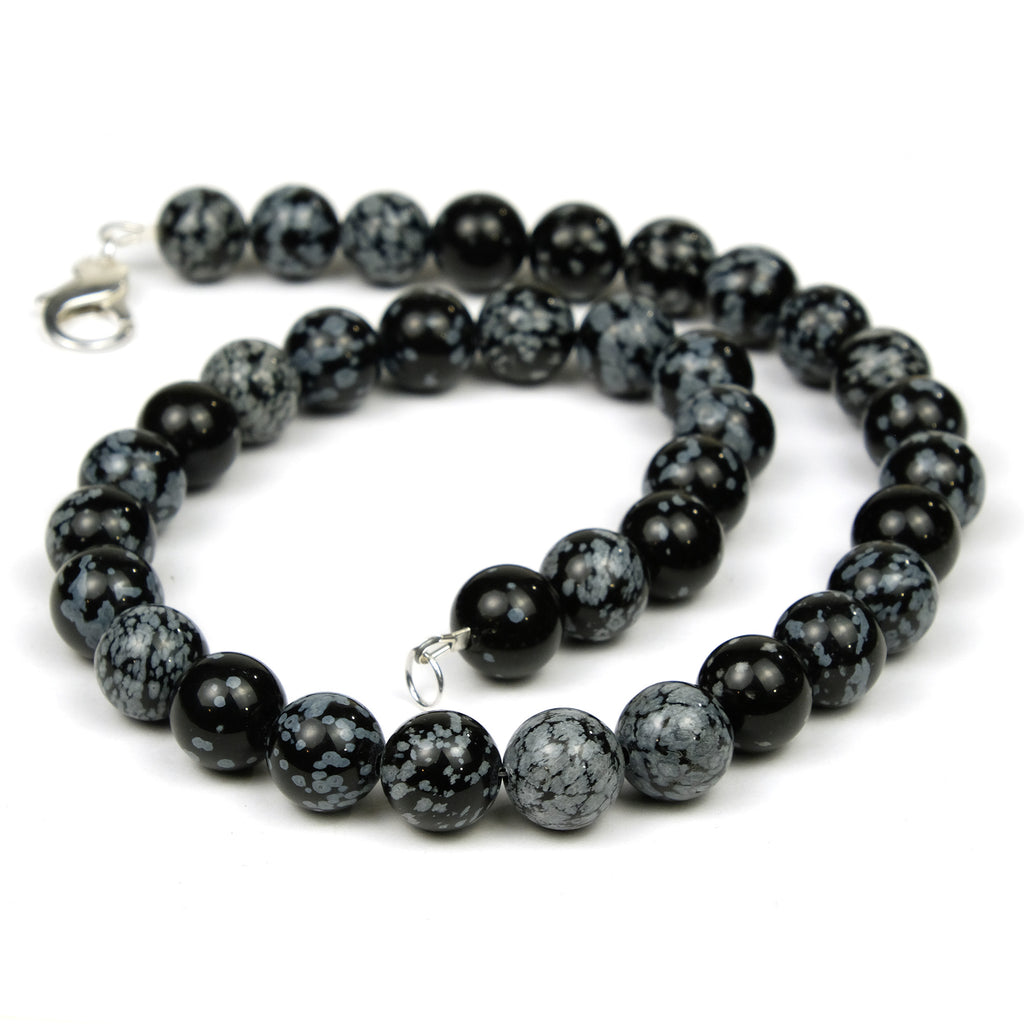 Snowflake Obsidian 12mm Smooth Rounds Necklace with Sterling Silver Fancy Lobster Clasp