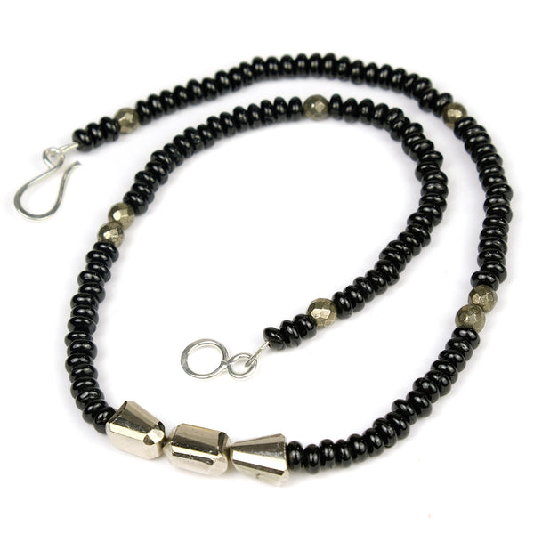 Black Tourmaline 6mm Rondelle with Pyrite Necklace with Silver Plated Hook Clasp