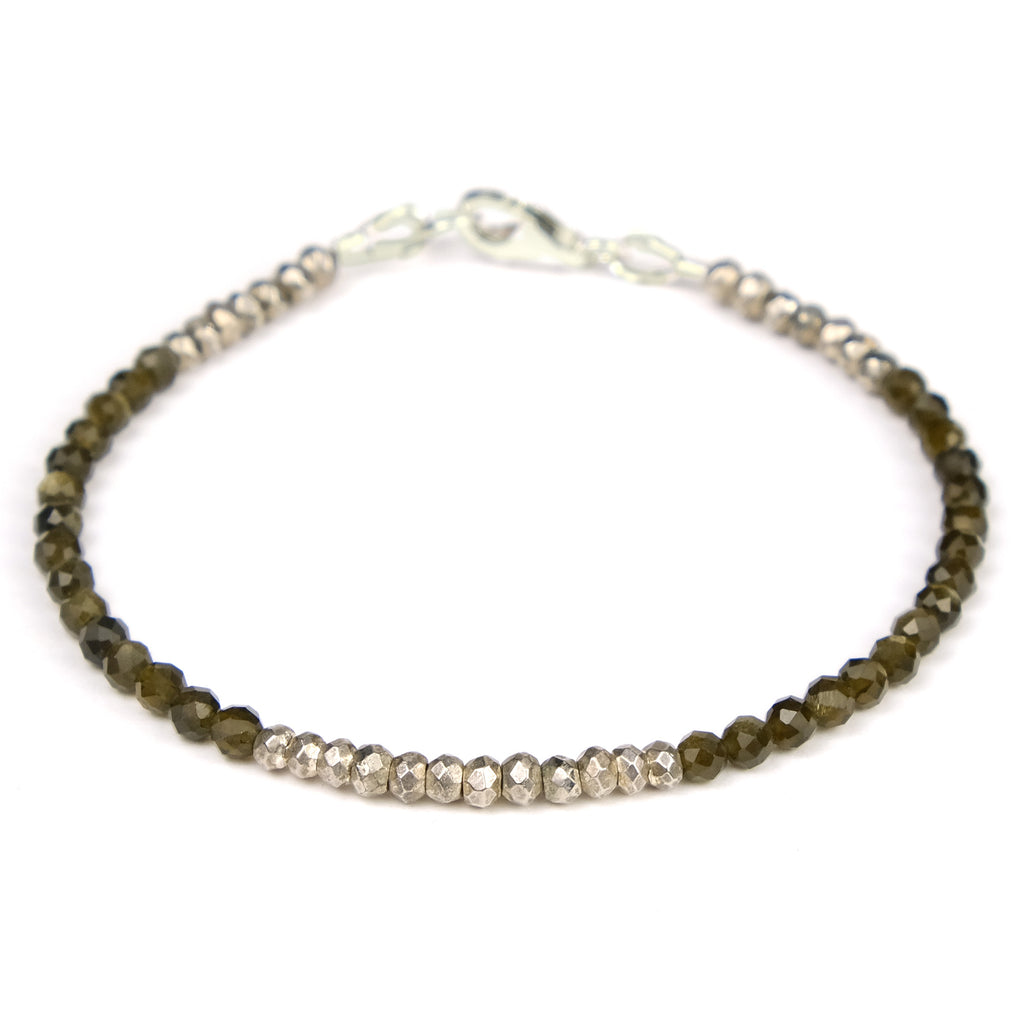 Golden Obsidian 3mm Faceted Round and Pyrite Bracelet with Sterling Silver Trigger Clasp