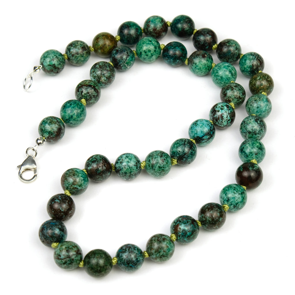 Chrysocolla 10mm Round Knotted Necklace with Sterling Silver Trigger Clasp