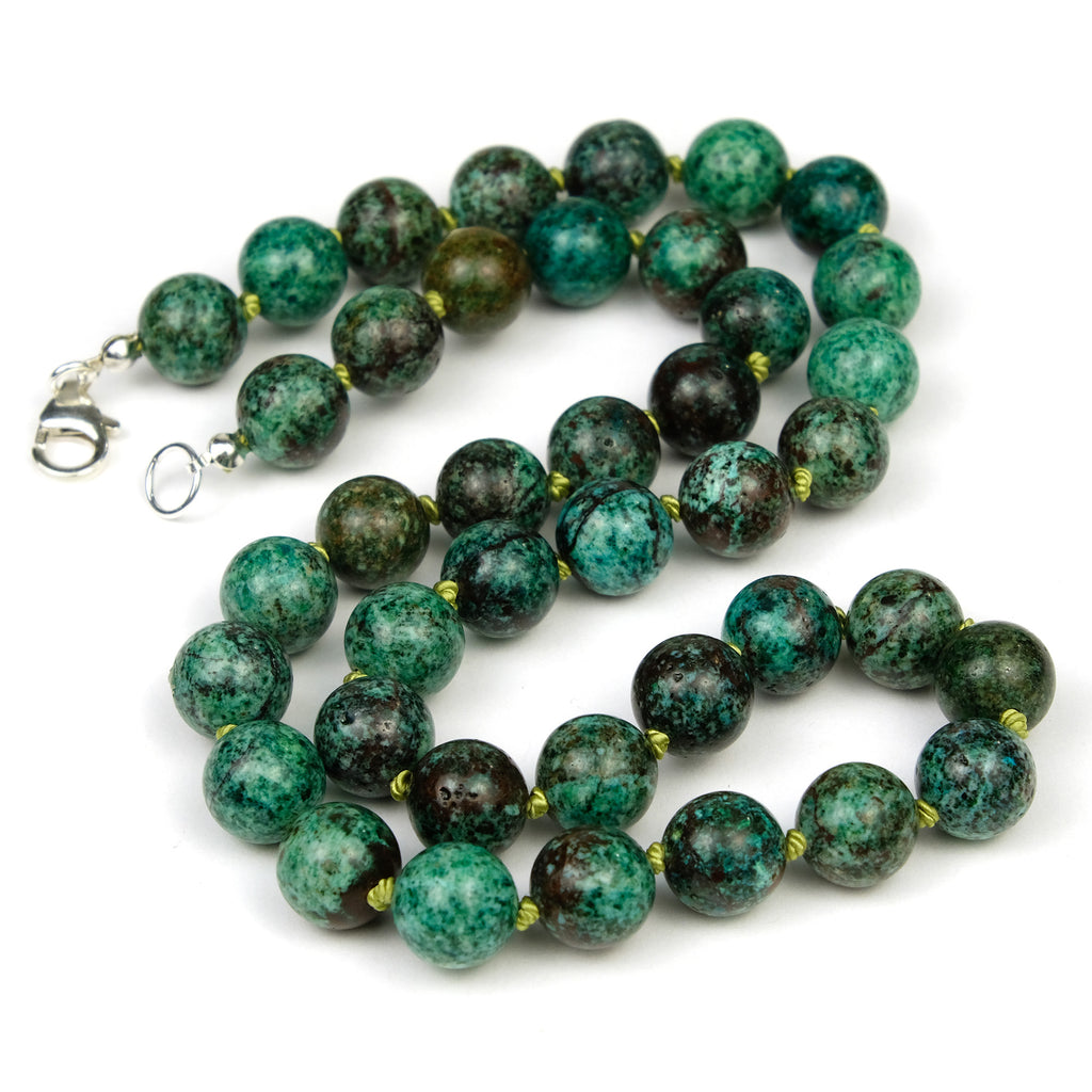 Chrysocolla 10mm Round Knotted Necklace with Sterling Silver Trigger Clasp