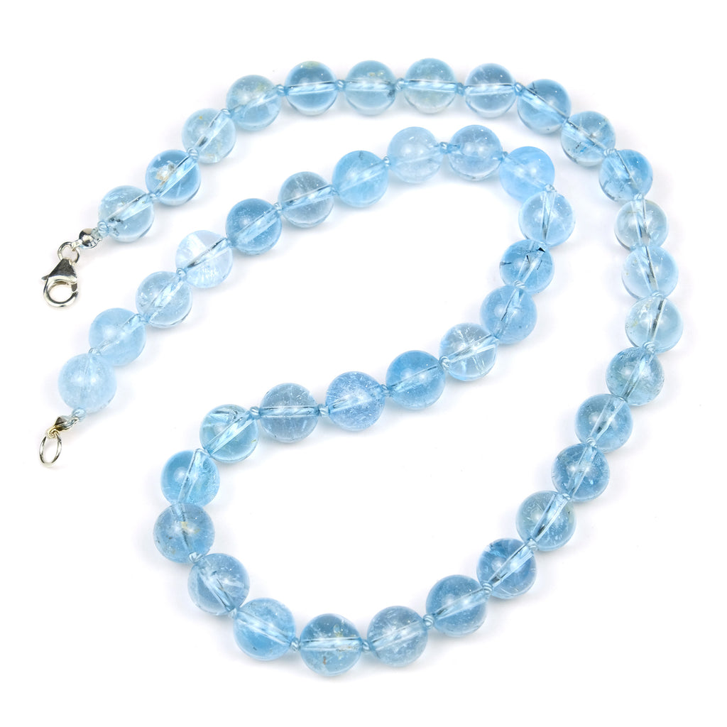 Blue Topaz 10mm Round Knotted Necklace with Sterling Silver Trigger Clasp