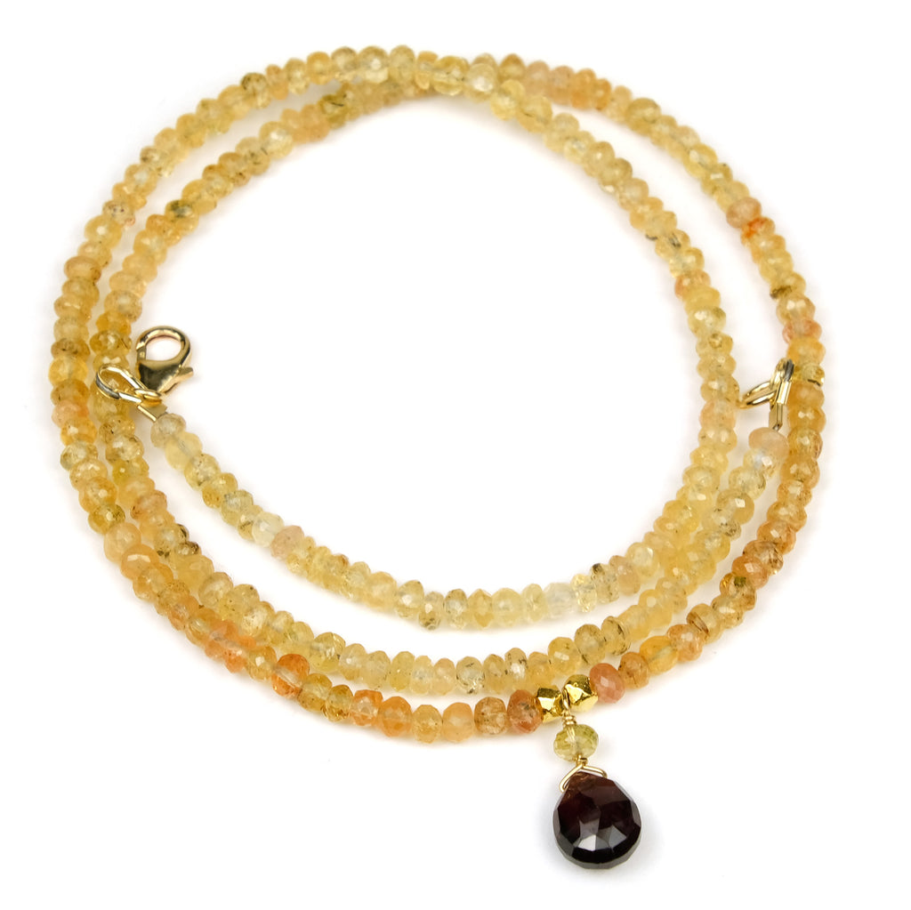 Imperial Golden Topaz 4mm Faceted Rondelles and Garnet Drop Necklace with Gold Filled Trigger Clasp