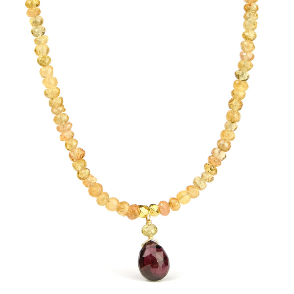 Imperial Golden Topaz 4mm Faceted Rondelles and Garnet Drop Necklace with Gold Filled Trigger Clasp