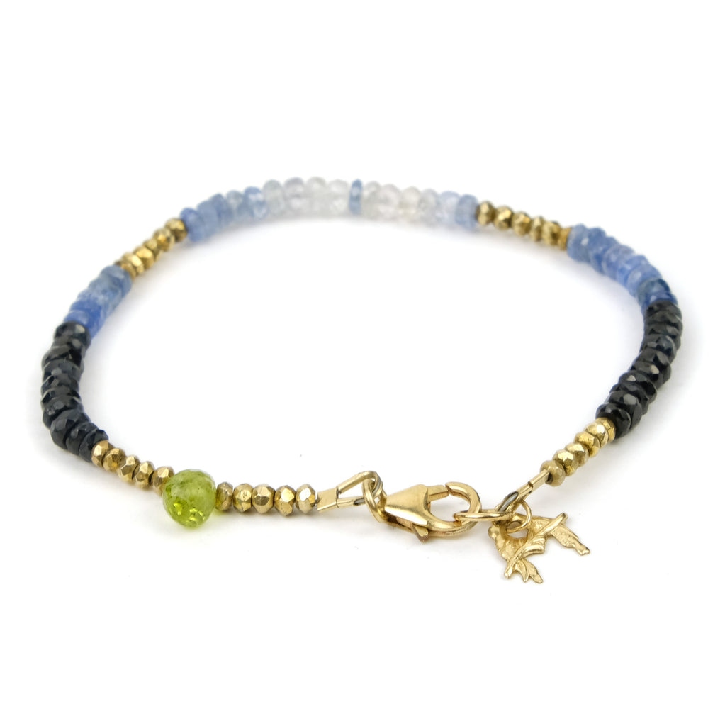 Sapphire and Peridot Bracelet with Gold Filled Trigger Clasp and Love Bird Charm