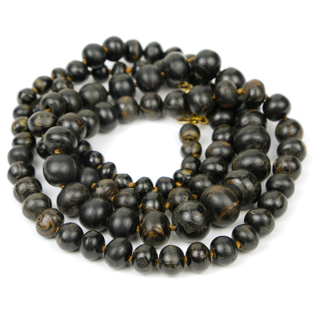 Natural Black Coral Graduated Round Beaded Necklace/Strand with Gold Plate over Sterling Silver Clasp