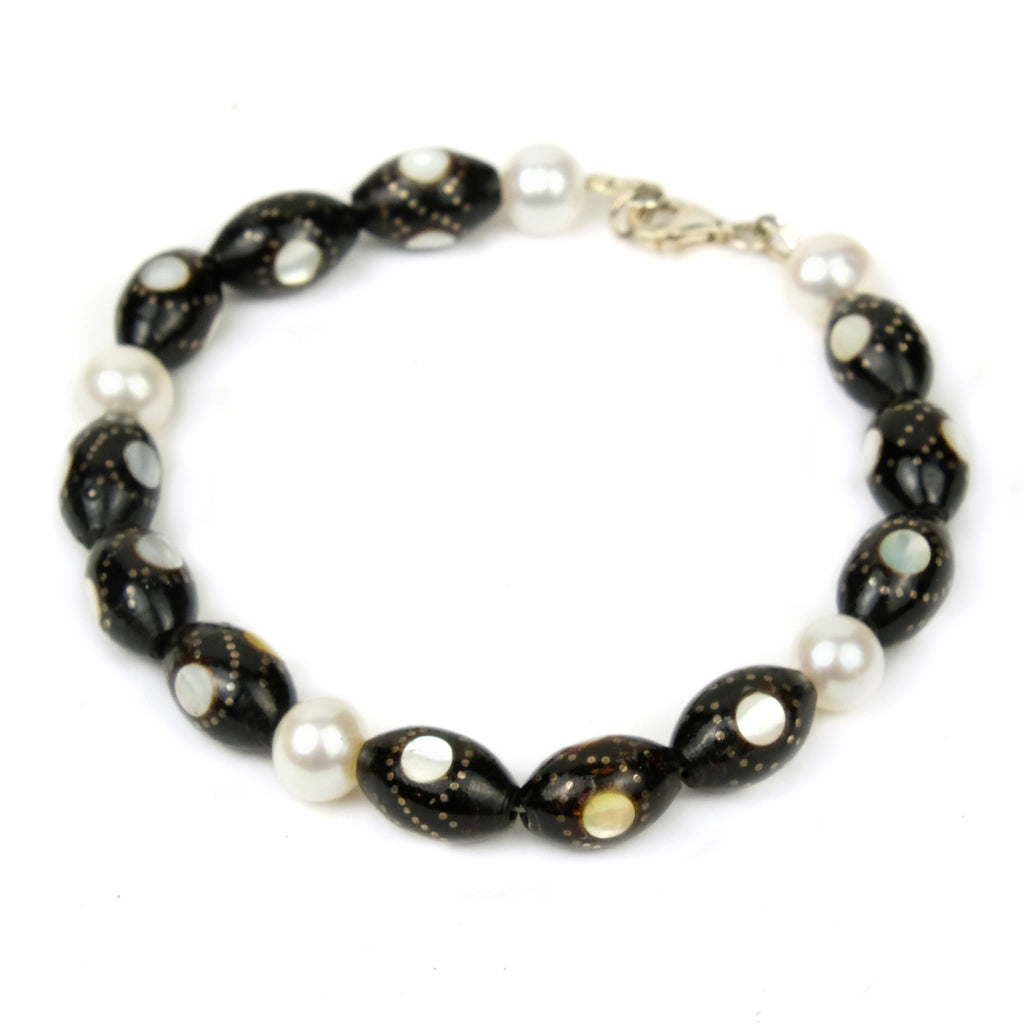 Black Coral and Hand Inlaid Silver and Mother of Pearl Bracelet with Sterling Silver Trigger Clasp
