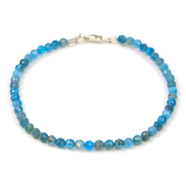 Cerulean Apatite 3mm Faceted Round Bracelet with Sterling Silver Lobster Claw Clasp