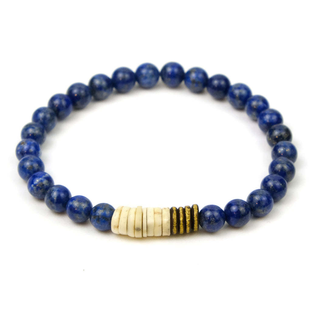 Lapis Lazuli, Brushed Brass and Ostrich Egg Shell Bracelet on Stretch Cord