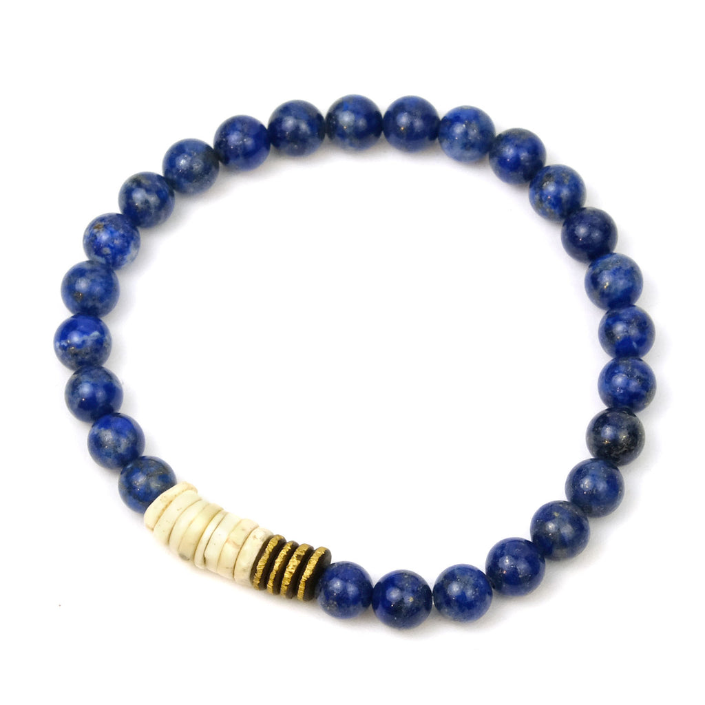 Lapis Lazuli, Brushed Brass and Ostrich Egg Shell Bracelet on Stretch Cord