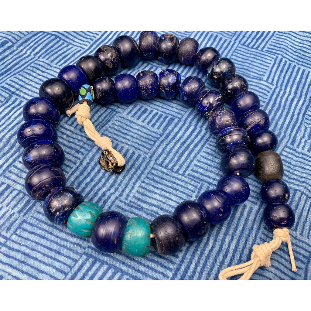 Dutch East India Company Cobalt Hand Wound 18th-19th Century Dogon Heirloom Beads with Two 18th-19th Century Burmese Trade Beads
