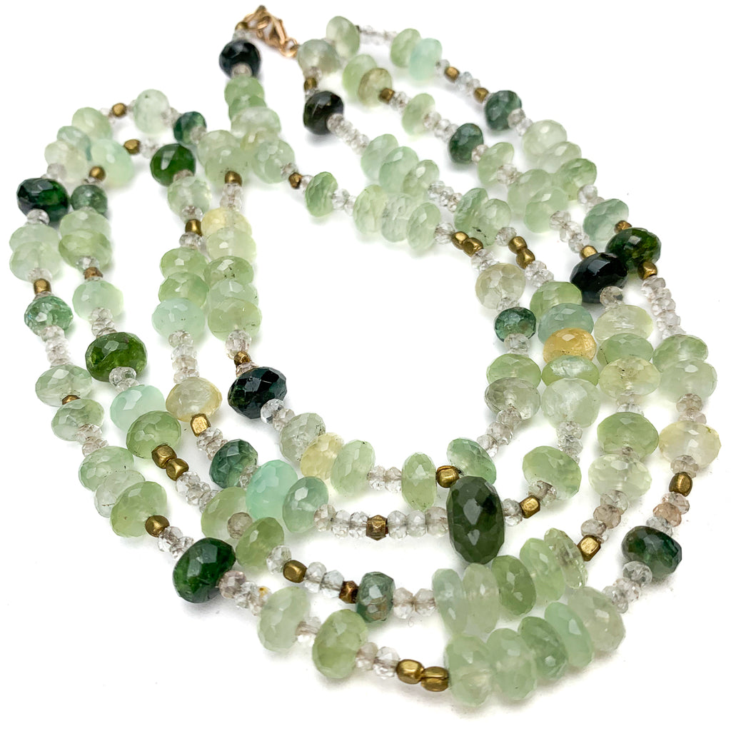 Prehnite, Crystal Quartz, Green Tourmaline and Brass Long Wrap Necklace