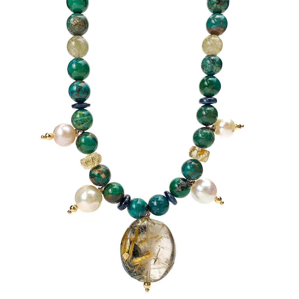Turquoise, Pearl, Rutilated Quartz and Sapphire Necklace