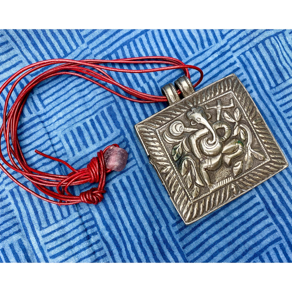Hand Stamped 80% Silver Sheet Ganesha and Lakshmi Large Pectoral Pendant Amulet Box