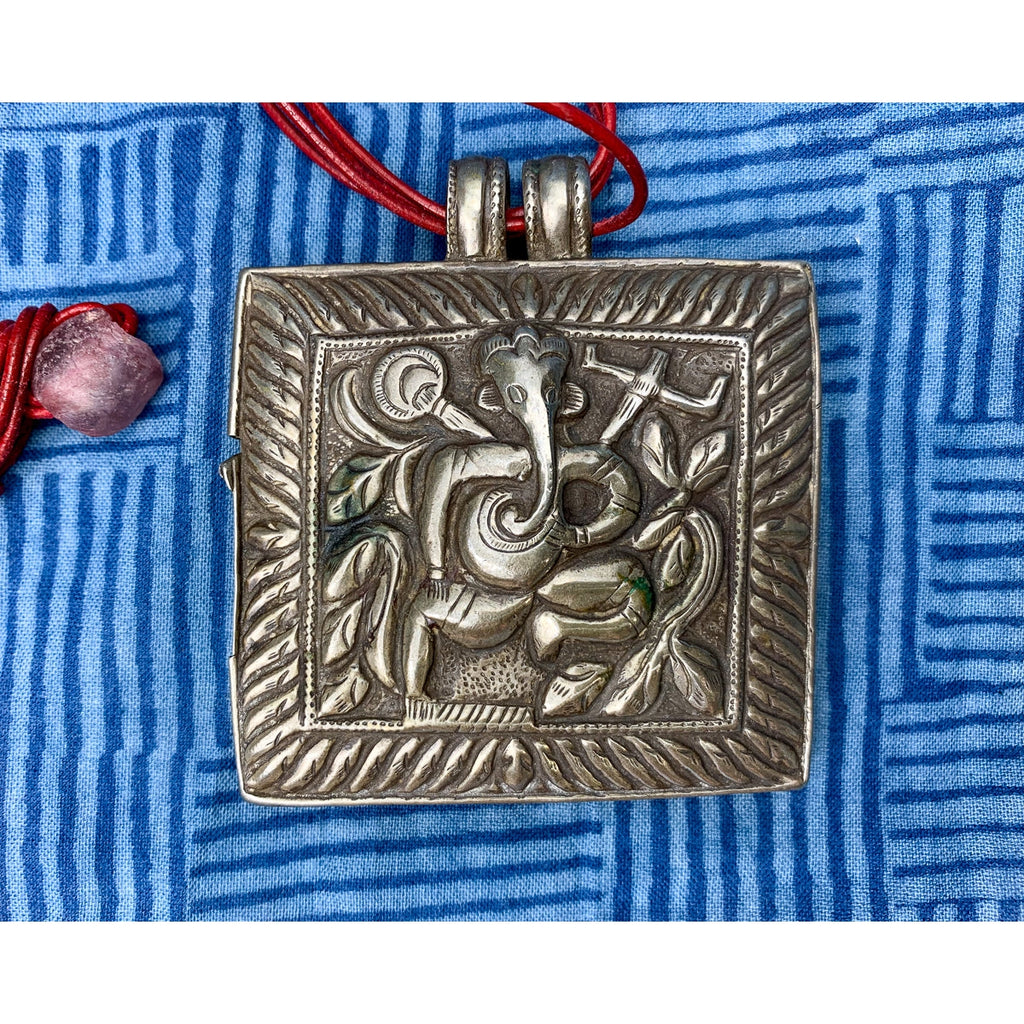 Hand Stamped 80% Silver Sheet Ganesha and Lakshmi Large Pectoral Pendant Amulet Box