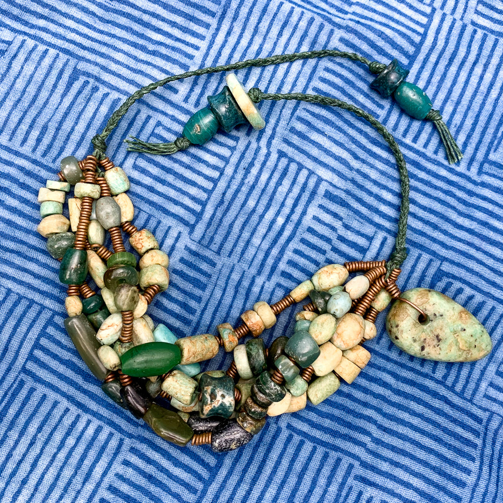 Amazonite and Serpentine Heirloom 12th-15th Century Bead Multi Strand Bracelet