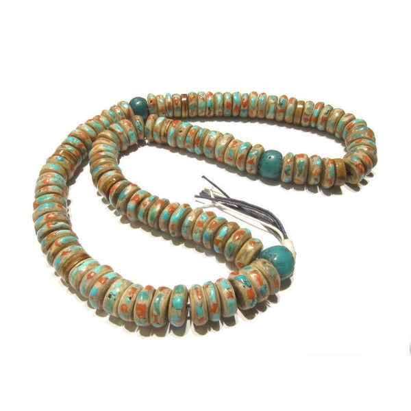 Turquoise and Coral Inlaid 22 MM Yak Bone Mala with 18th Century Chinese Trade Beads