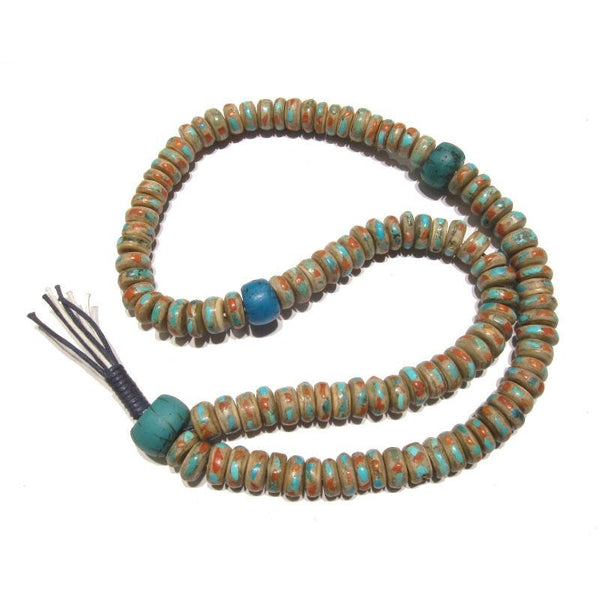 Turquoise and Coral Inlaid 13mm Yak Bone Mala with 18th Century Chinese Trade Beads