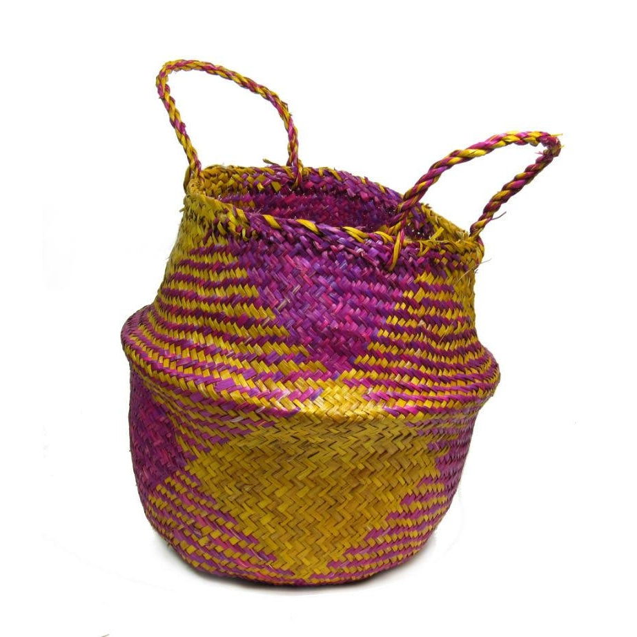 Handwoven Raffia Baskets from Vietnam, Yellow and Fuchsia