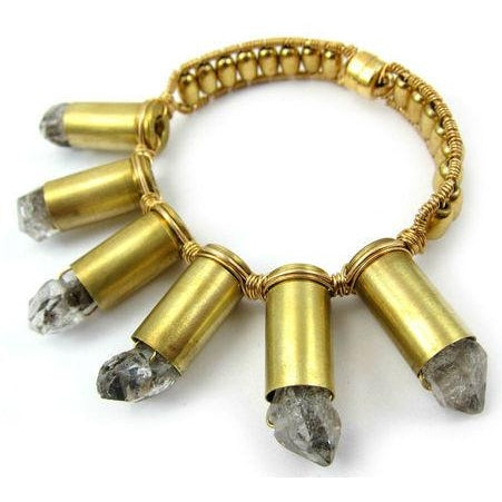 Herkimer Diamond and Brass Bullet Casing Bracelet with Gold Plated Magnetic Clasp