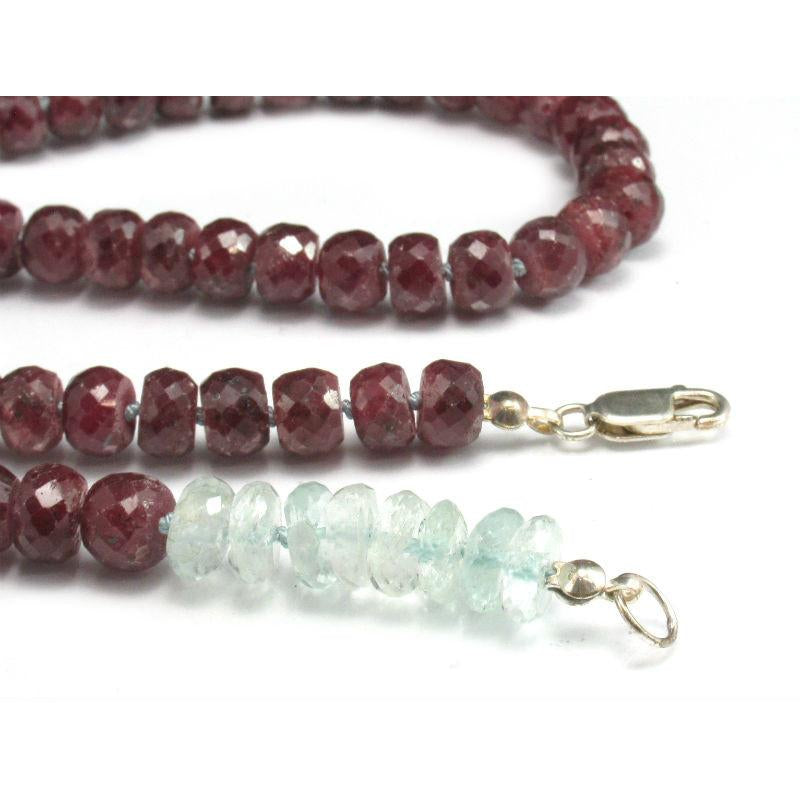 Ruby and Aquamarine Knotted Necklace w/Sterling Silver Lobster Clasp